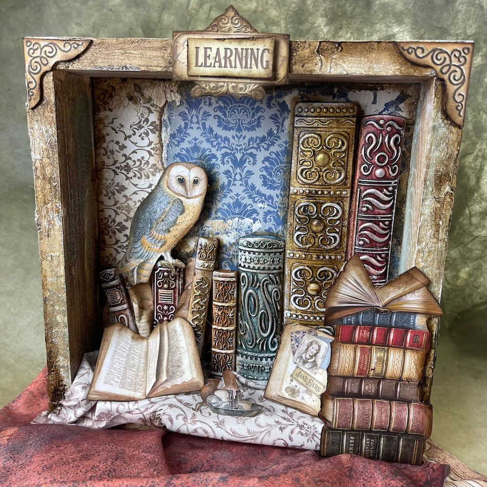 Stamperia Vintage Library Fabric Sheets sbplt11 owl and books shadow box