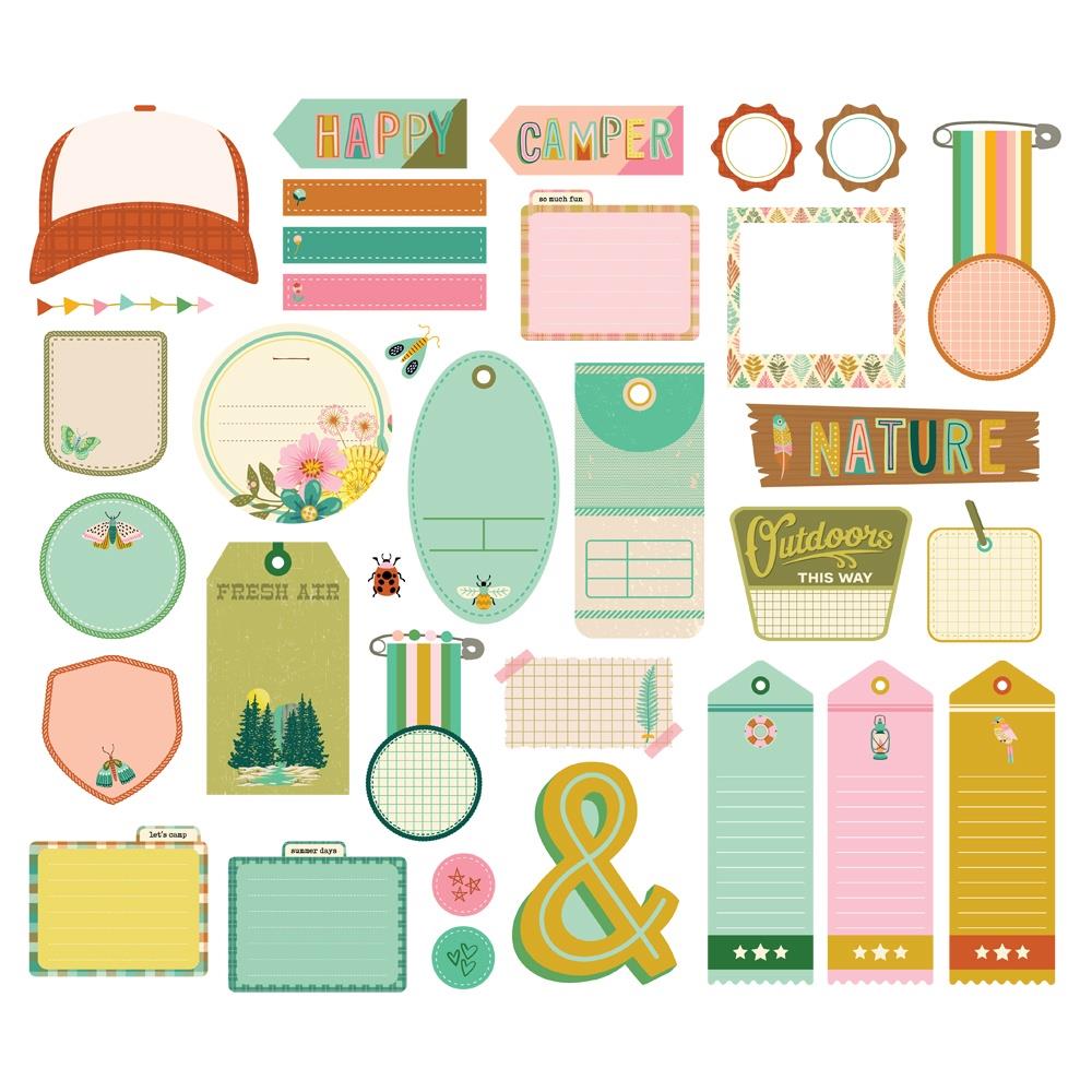 Simple Stories Trail Mix Journal Bits And Pieces 20319 Close-up, detailed views showcasing the intricate details of the die-cut pieces featuring outdoor and camping themes