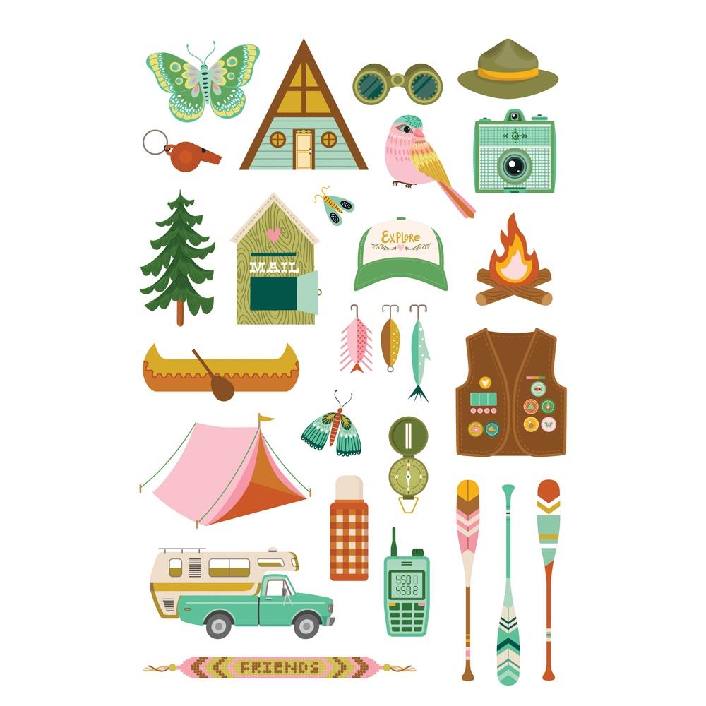 Simple Stories Trail Mix Sticker Book 20321 Sticker sheet showcasing camping and outdoor themed images