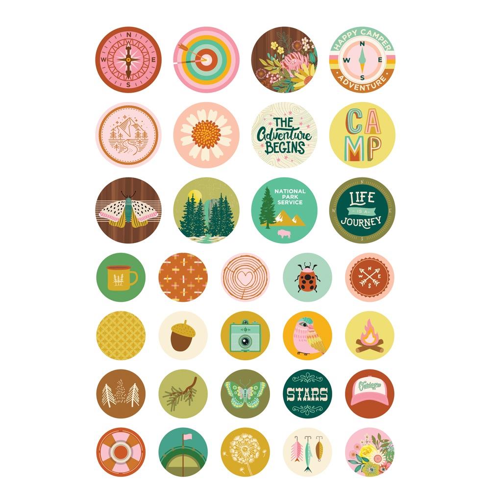 Simple Stories Trail Mix Sticker Book 20321 Sticker sheet featuring oval stickers with camping and outdoor themed images