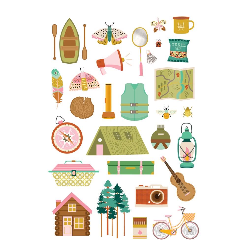 Simple Stories Trail Mix Sticker Book 20321 Sticker sheet showcasing camping and outdoor themed images, including a tent, log cabin, row boat, and more