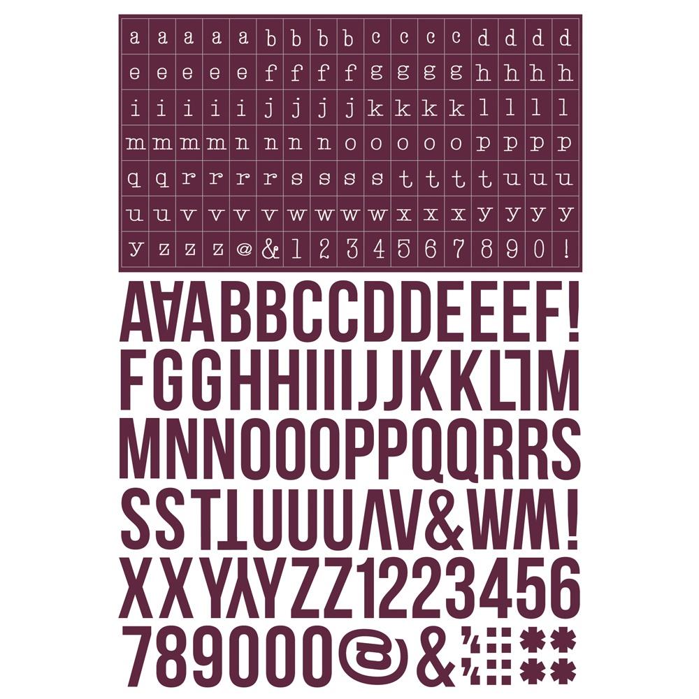 Simple Stories Darks Color Vibe Alphabet Sticker Book 13465 Purple-toned sticker sheet featuring both bold and small fonts for alphabet and numbers