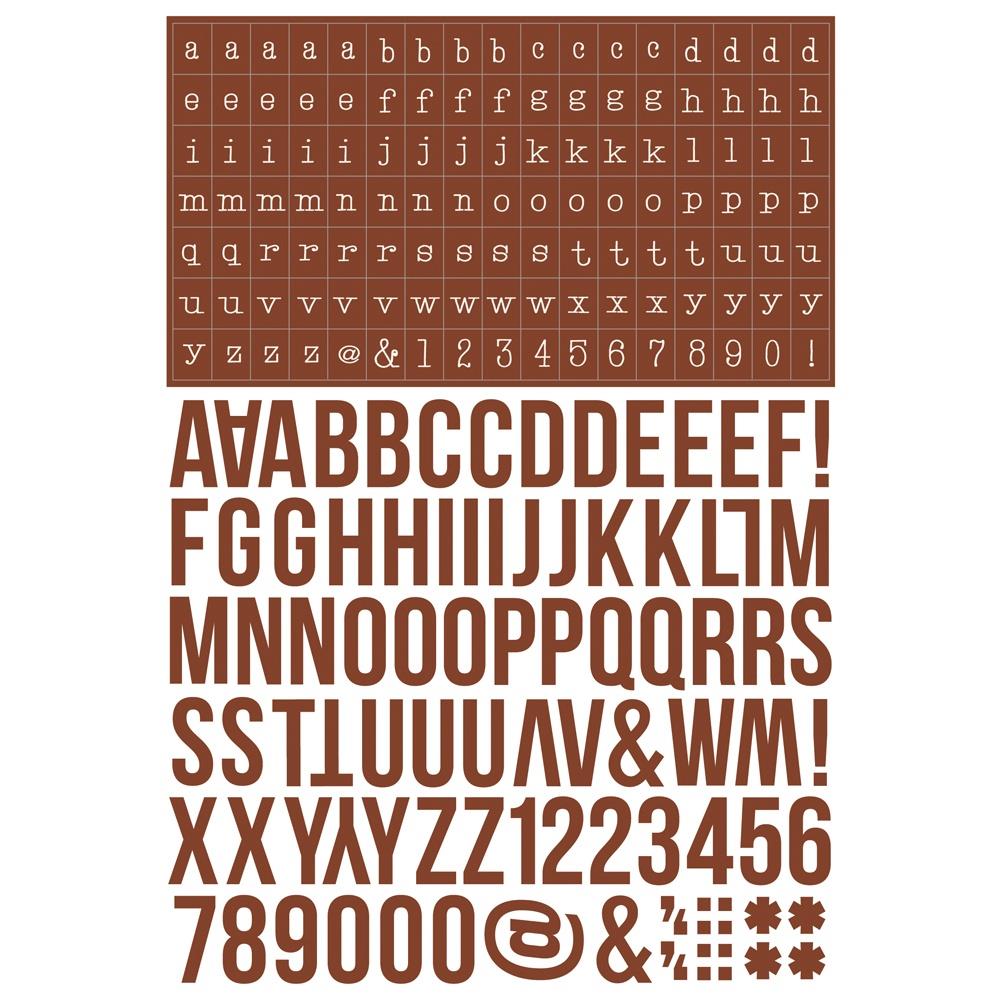 Simple Stories Boho Color Vibe Alphabet Sticker Book 13479 Earthy brown rustic sticker sheet featuring alphabet and numbers in bold and small fonts