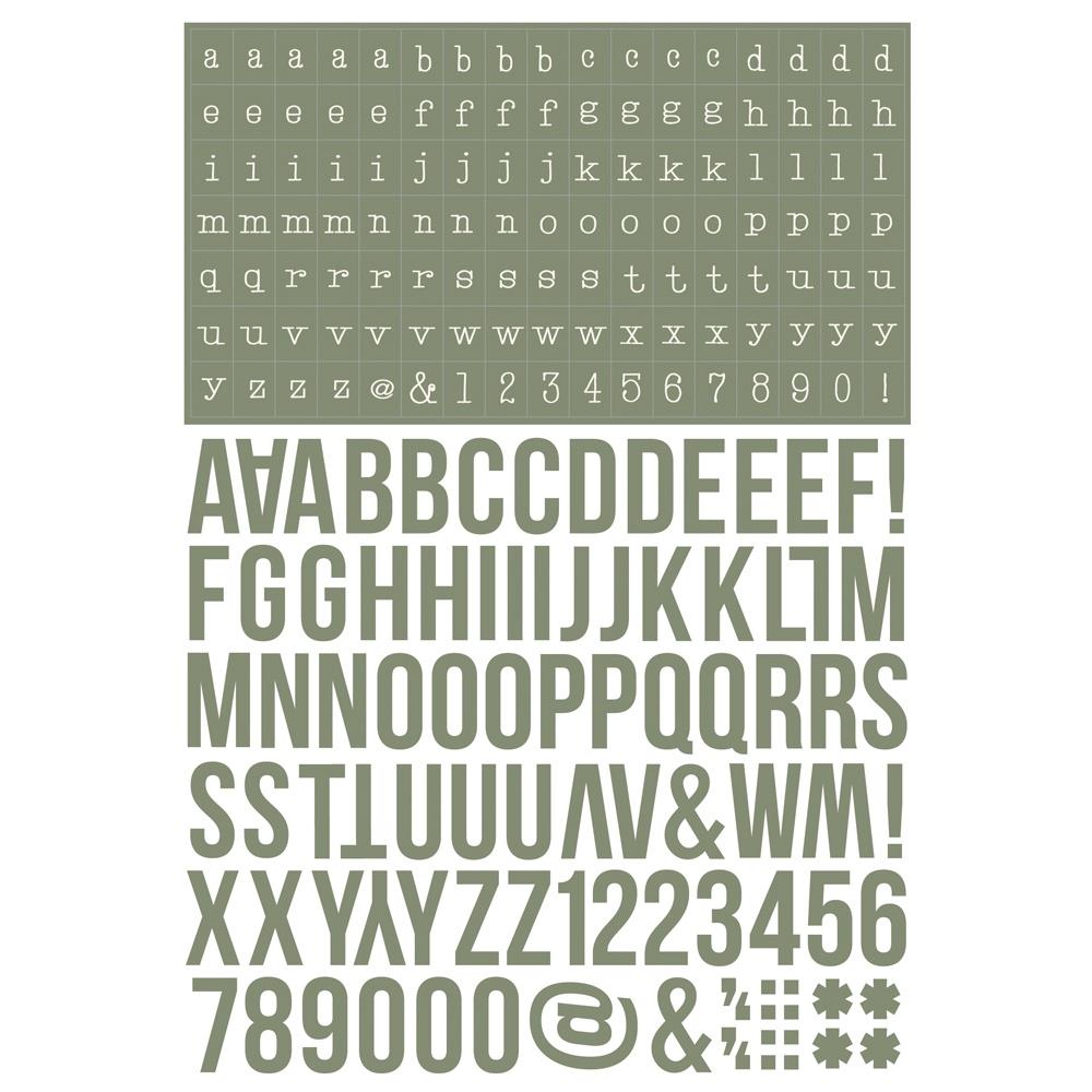 Simple Stories Boho Color Vibe Alphabet Sticker Book 13479 Olive-toned sticker sheet featuring bold and small fonts for alphabet and numbers