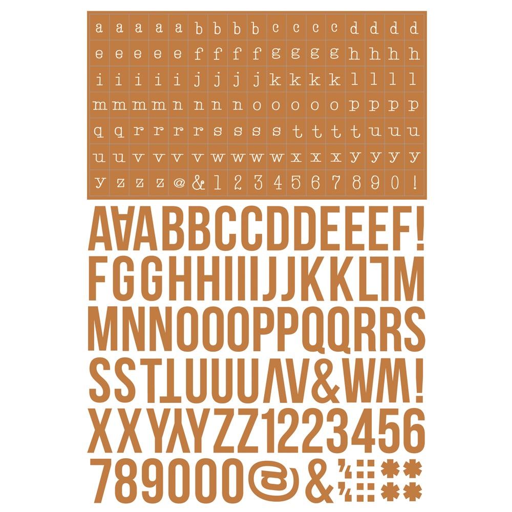 Simple Stories Boho Color Vibe Alphabet Sticker Book 13479 Burnt orange-toned sticker sheet featuring both bold and small fonts for alphabet and numbers