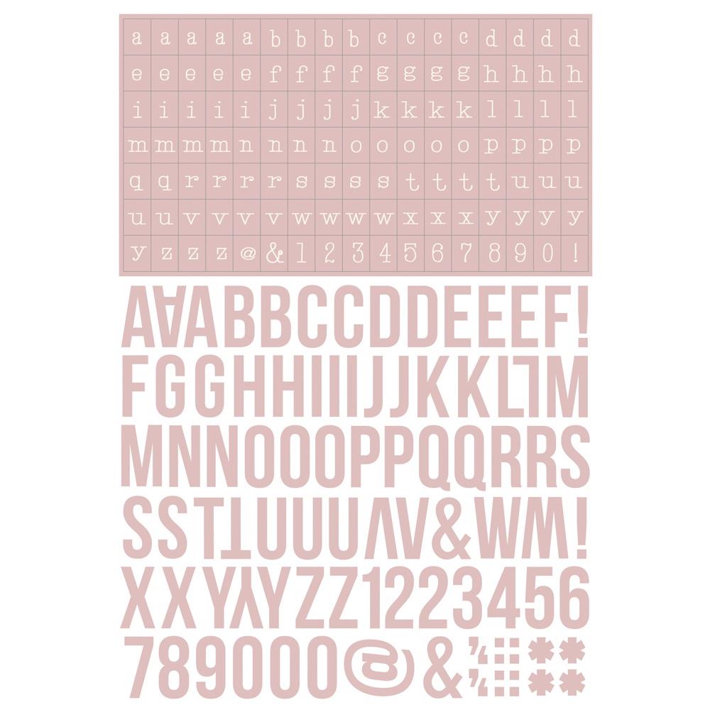 Simple Stories Boho Color Vibe Alphabet Sticker Book 13479 Pink-toned sticker sheet featuring both bold and small fonts for alphabet and numbers