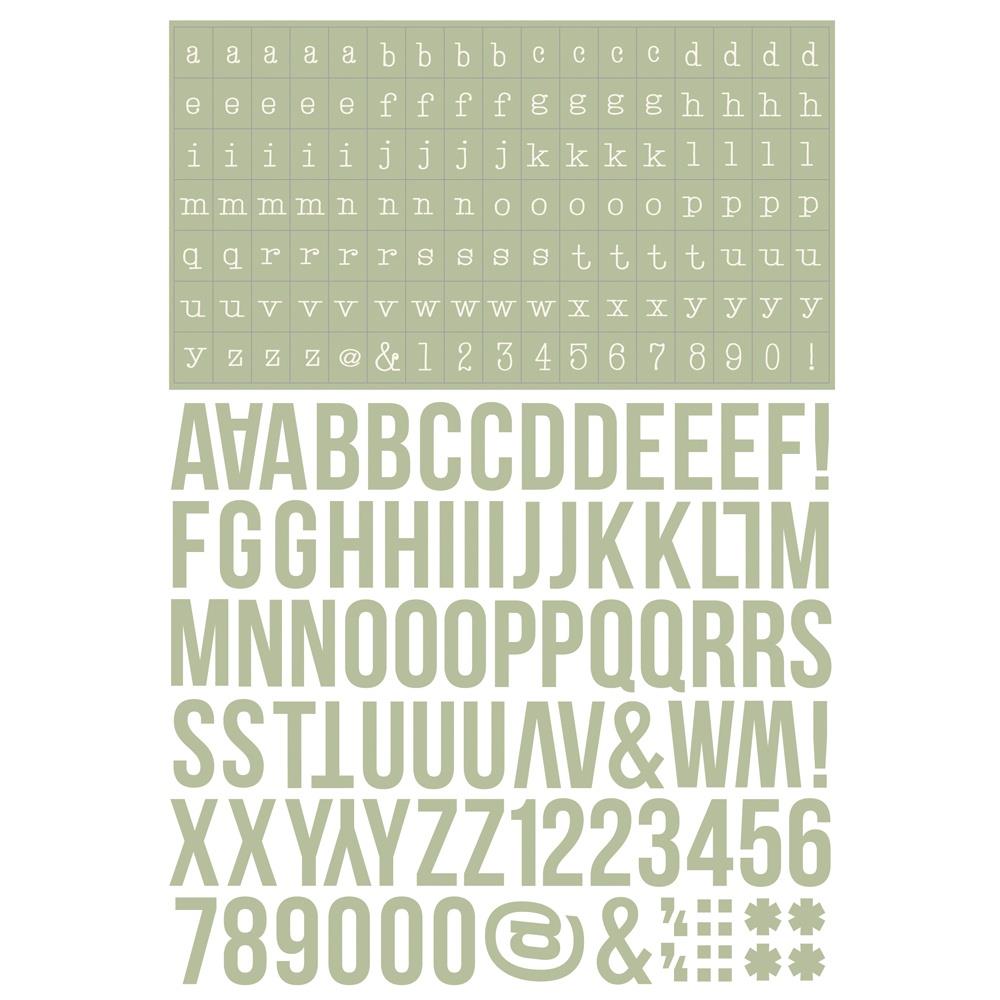 Simple Stories Boho Color Vibe Alphabet Sticker Book 13479 Stylish light olive-toned sticker sheet featuring both bold and small fonts for alphabet and numbers