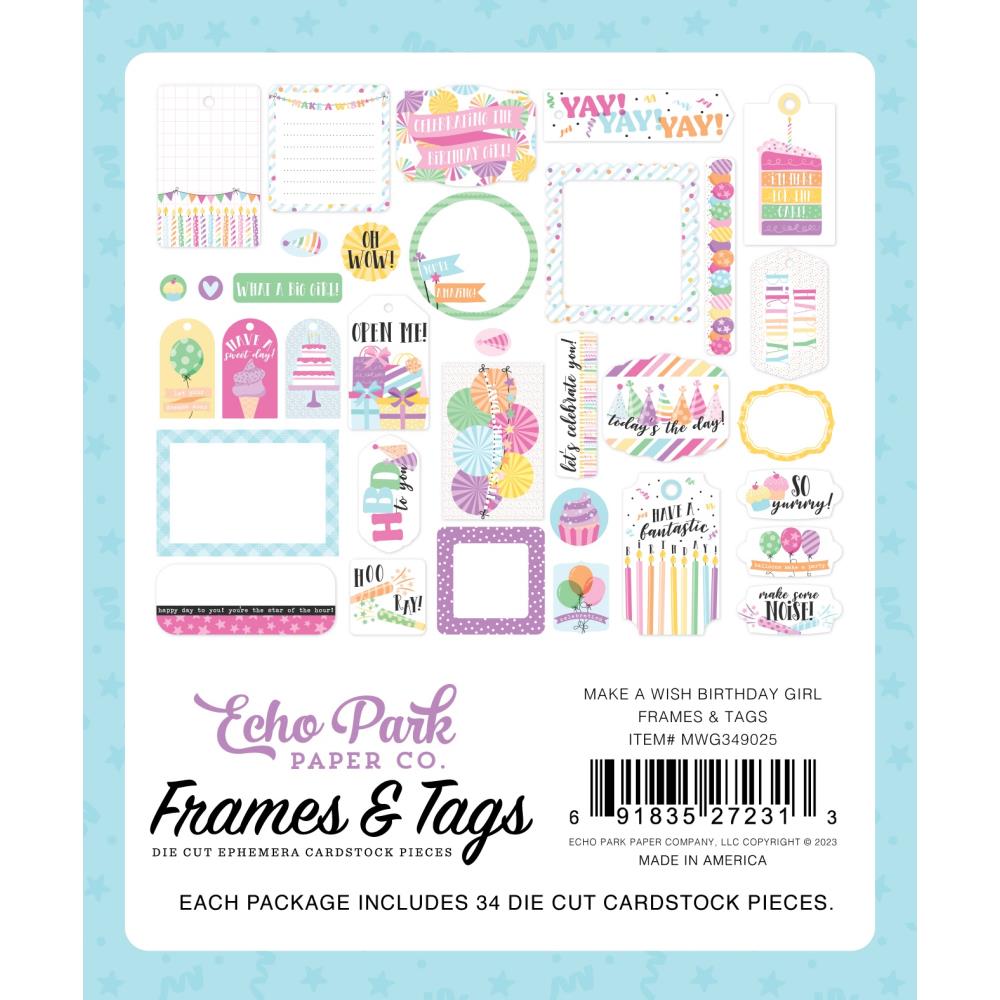 Echo Park Make A Wish Birthday Girl Frames And Tags Ephemera mwg349025 Back Of Packaging