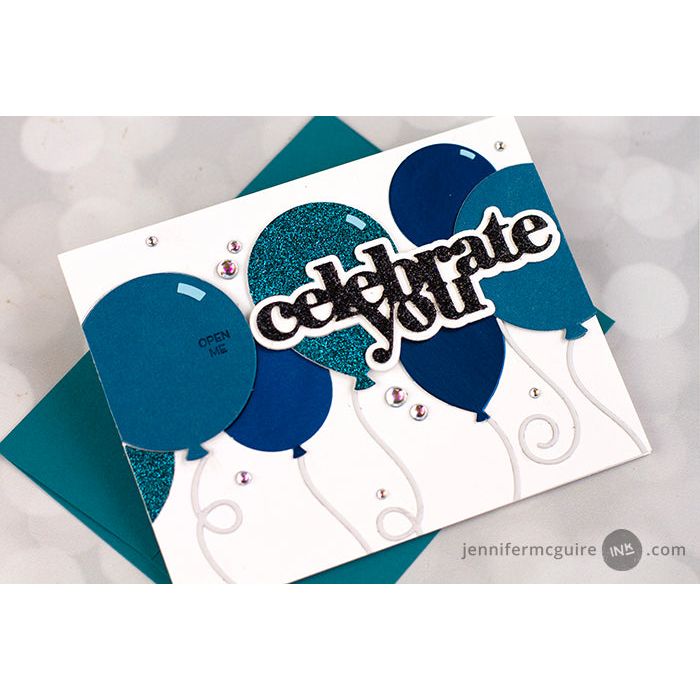 Jennifer McGuire Celebrate You with Blue balloons and string Hidden door Open Me | color-code:alt3