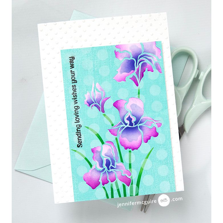 Gina K Designs Bearded Iris Layering Art Stencils using blue and purple ink on the flowers. sentiment reads "Sending Loving Wishes Your Way" | color-code:alt1