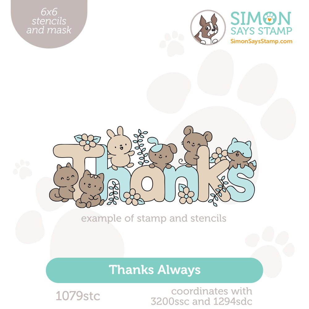 Simon Says Stamp Set of 2 Stencils and Coordinating Masks Thanks Always 1079stc