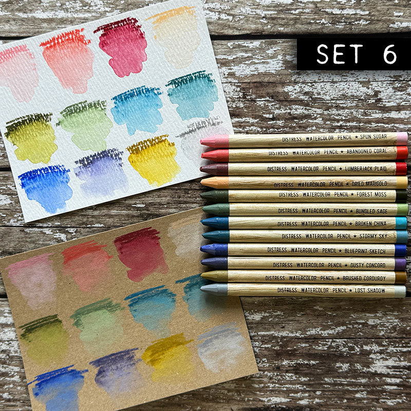 Tim Holtz Distress Watercolor Pencils Sets 4, 5, 6 And Sharpener Bundle Ranger Set 6 Color Swatch