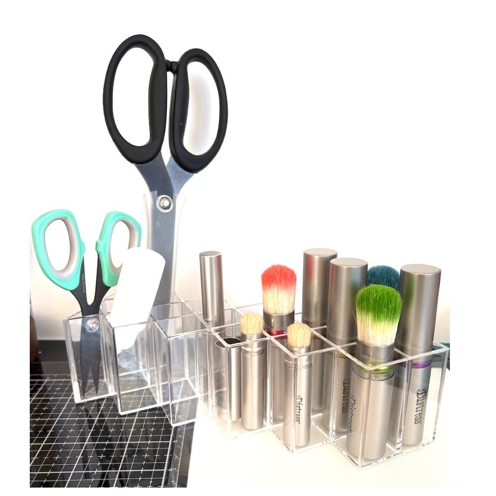 16 Slot Clear Acrylic Organizer Stand with Tim brushes and Scissors