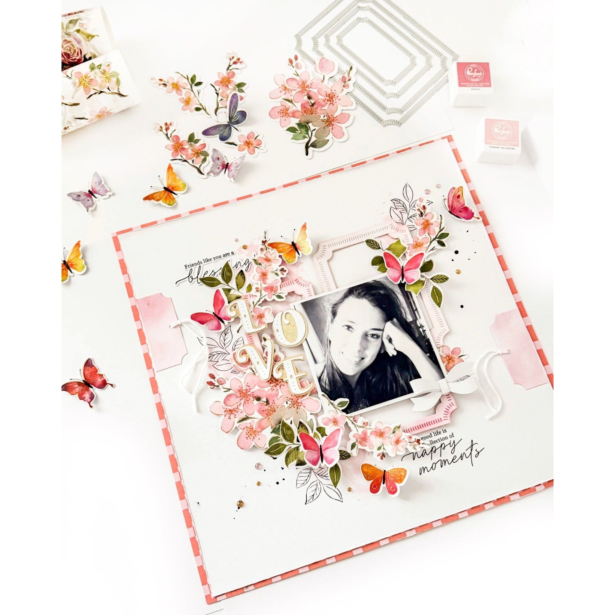 Pinkfresh Studio Fluttering Butterflies Stencils 218924 Happy Moments Layout | color-code:ALT02