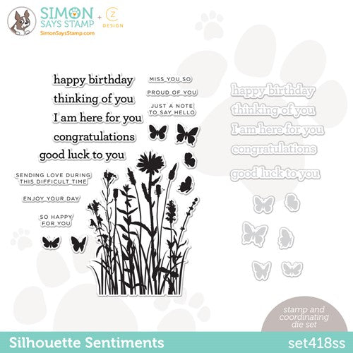 Simon Says Stamp! CZ Design Stamps and Dies SILHOUETTE SENTIMENTS set418ss