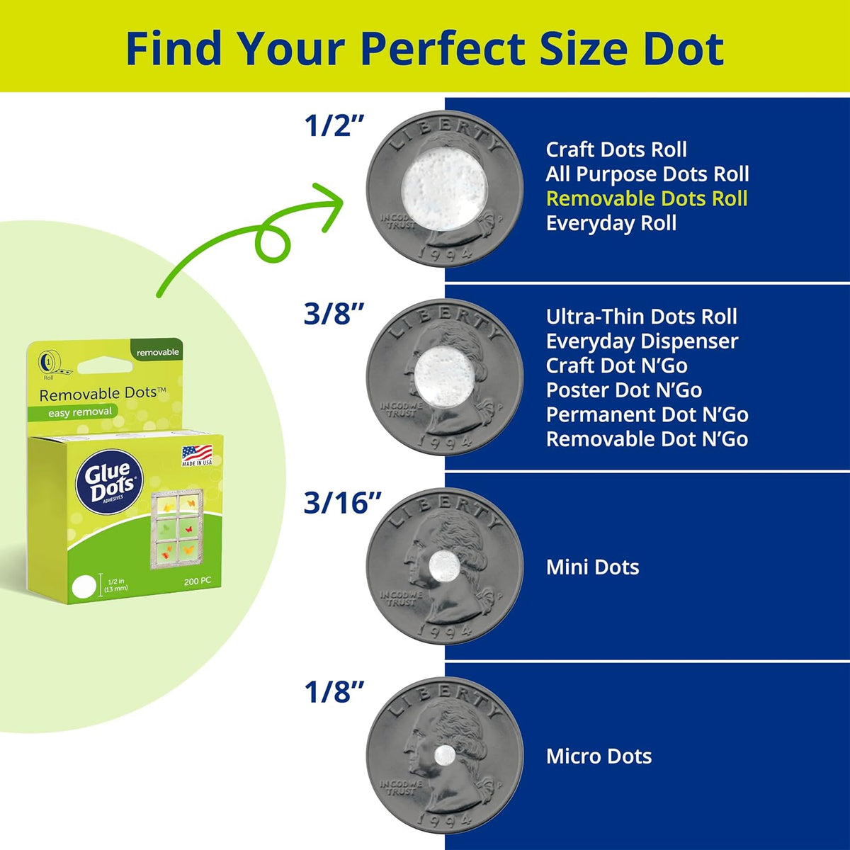 200 Glue Dots 0.5 INCH REMOVABLE Roll Adhesive Green sizing