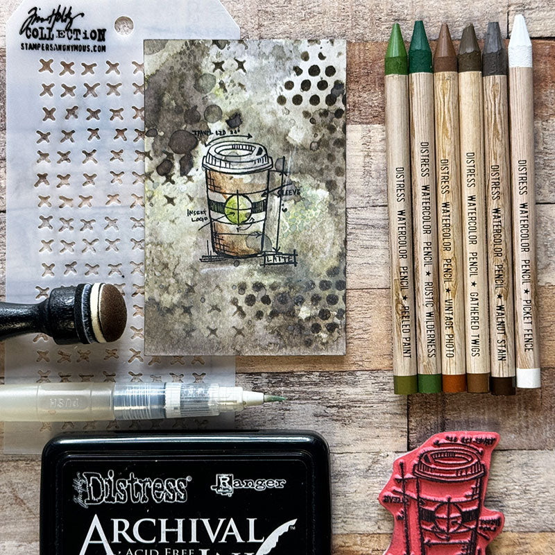 Tim Holtz Distress Watercolor Pencils Set 1 And Pencil Sharpener Bundle Coffee Cup Design | color-code:ALT094