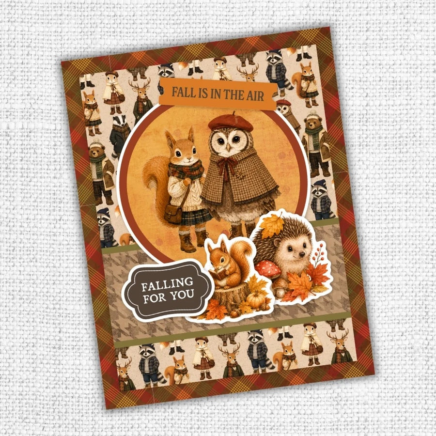 Paper Rose Studio Maplewood Cottage 6x6 Paper 37300 animals with clothes plaid trim background fall is in the air card