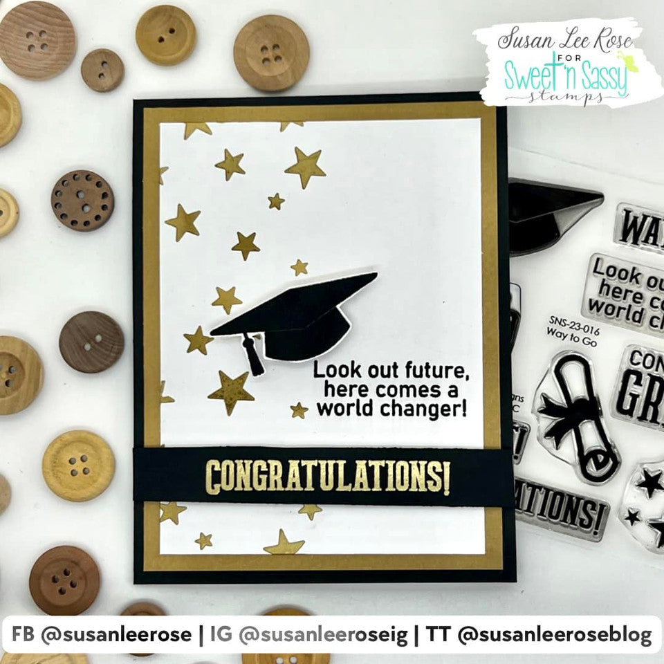 Sweet 'N Sassy Way To Go Clear Stamp Set sns-23-016 Graduation Cap Congratulations Card