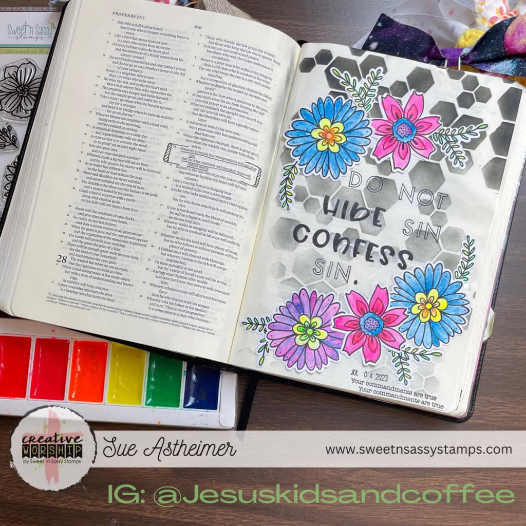 Sweet 'N Sassy Be A Wildflower Clear Stamp Set sns-23-038 Bible Journal page with flowers