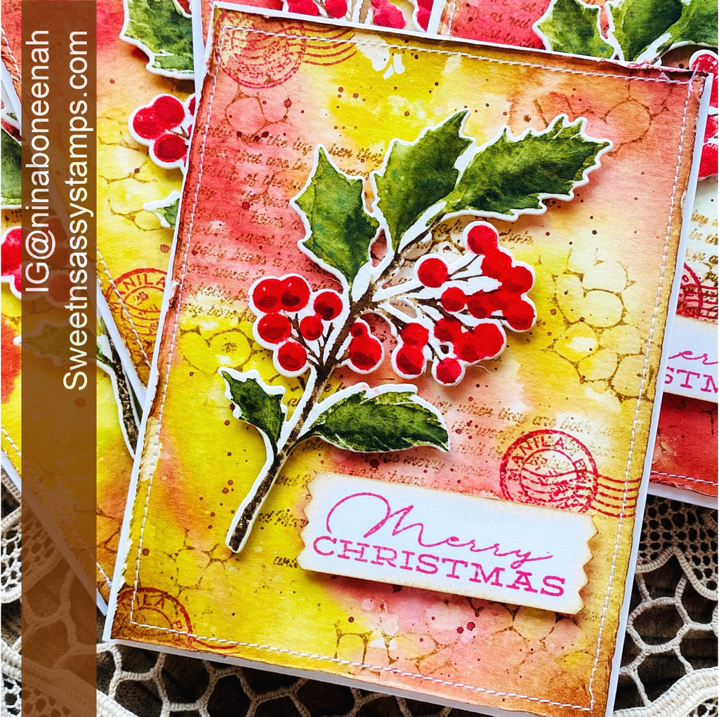Sweet 'N Sassy Vintage Holly Dies snsd-0241 Colorful Holly Christmas Card