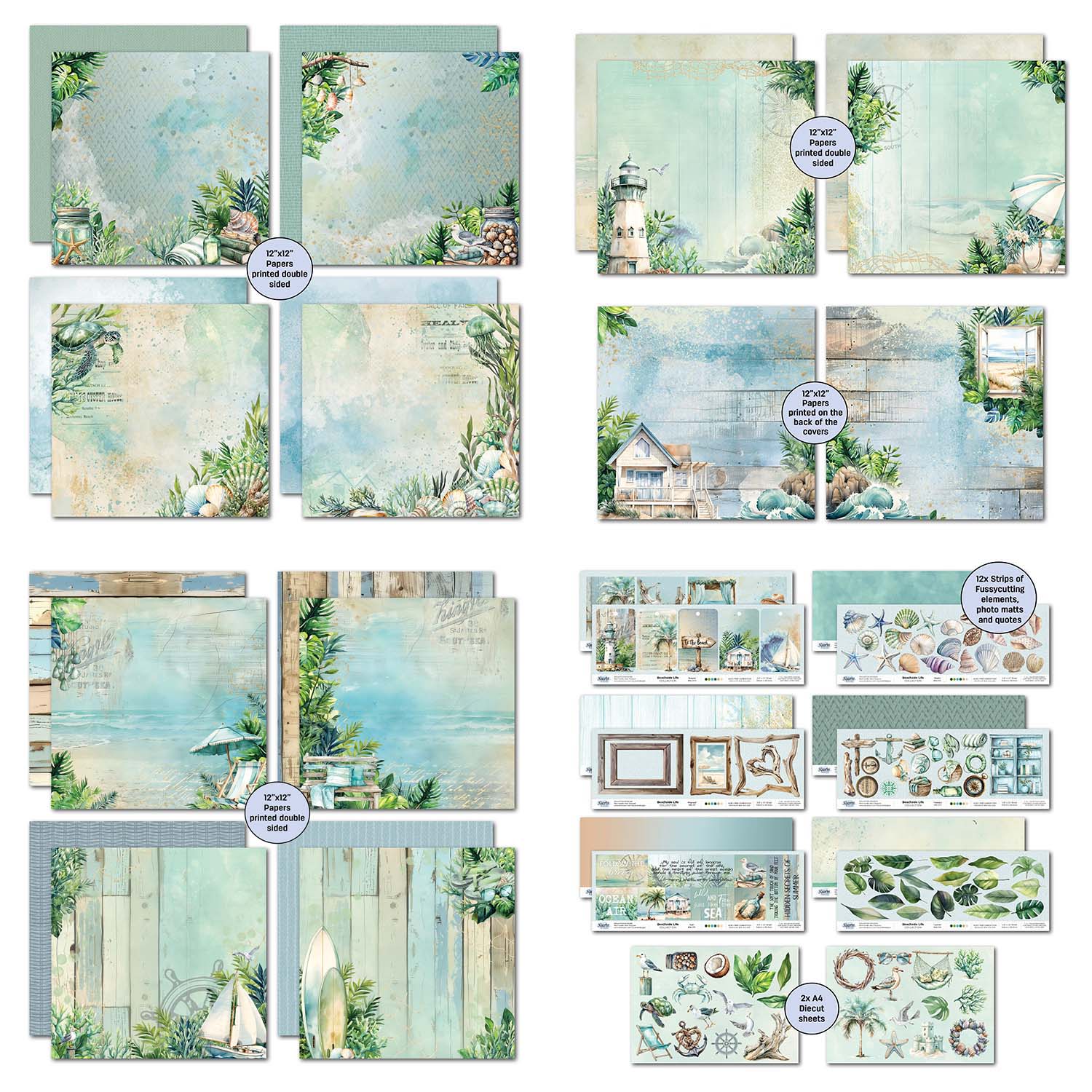 3Quarter Designs Beachside Life 12x12 Design Paper and Diecuts Set 3q-sc-beachsidelife sheets