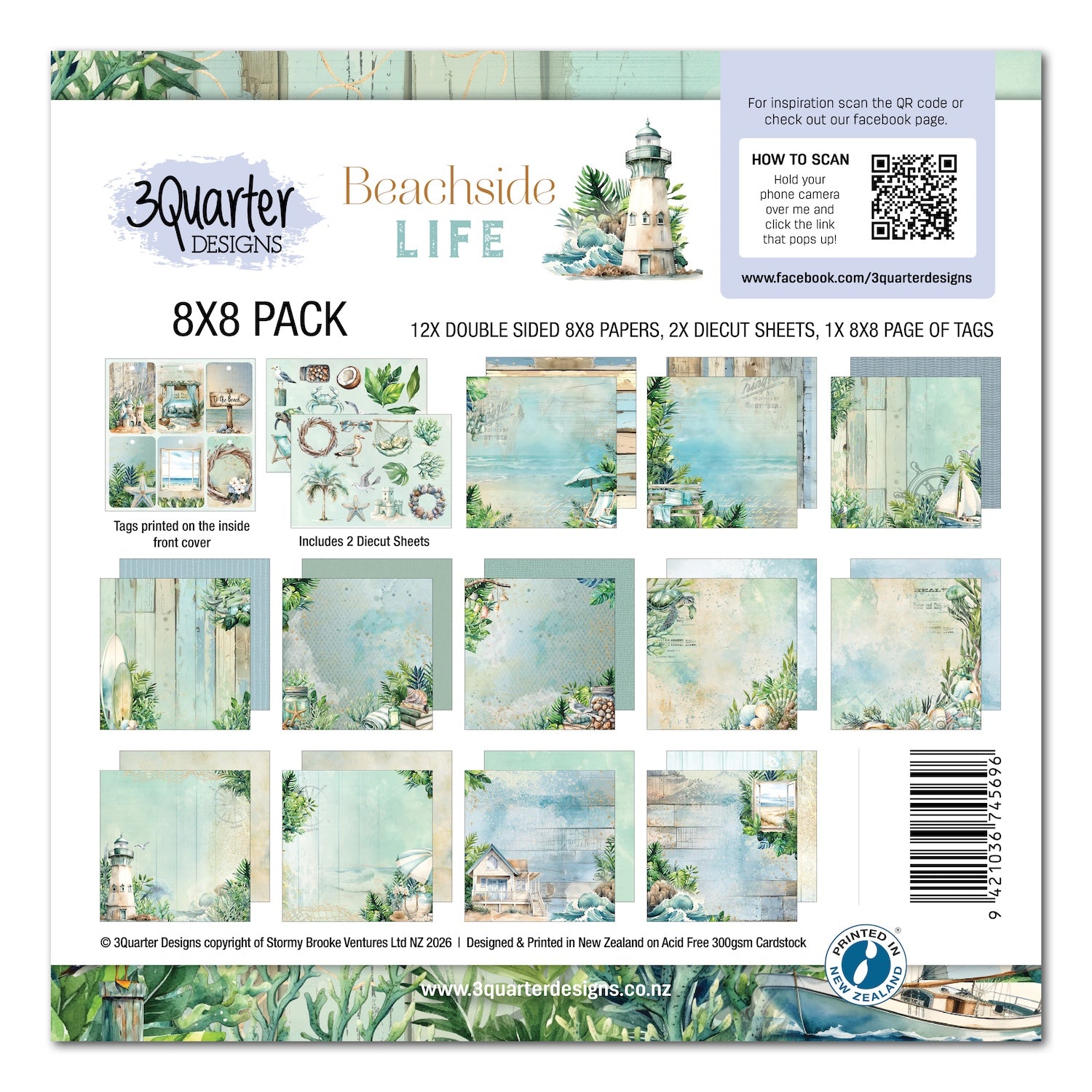 3Quarter Designs Beachside Life 8x8 Paper Pack and Diecuts Set 3q-pp8-beachsidelife
