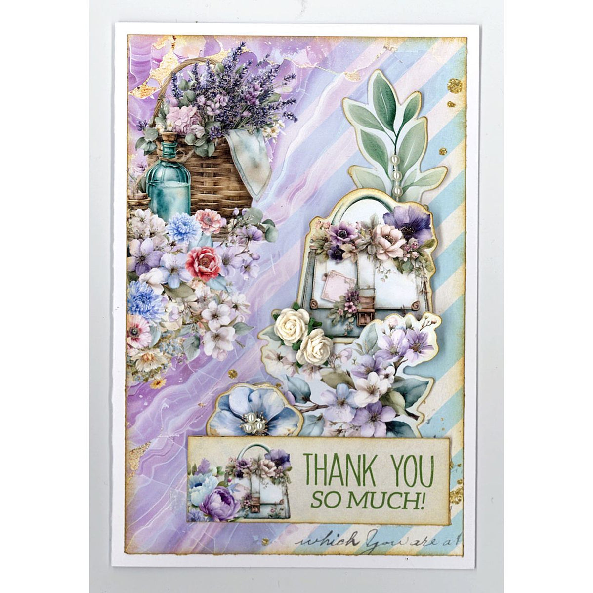 3Quarter Designs Cottage Reverie 6x4 Card Pack 3q-cc-cottagereverie basket of flowers white purse blue stripes thank you card