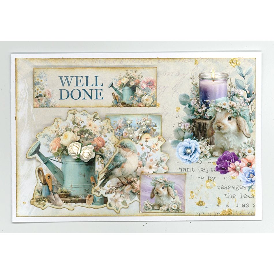 3Quarter Designs Cottage Reverie 8x8 Paper Pack and Diecuts Set 3q-pp8-cottagereverie bunny watering can with flowers purple candle well done card