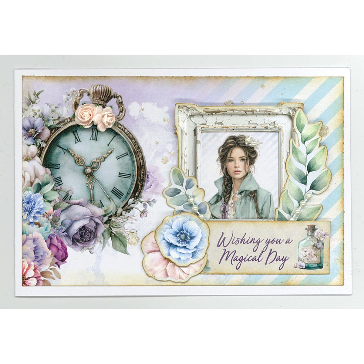3Quarter Designs Cottage Reverie 8x8 Paper Pack and Diecuts Set 3q-pp8-cottagereverie green leaf vines clock flowers magical day card