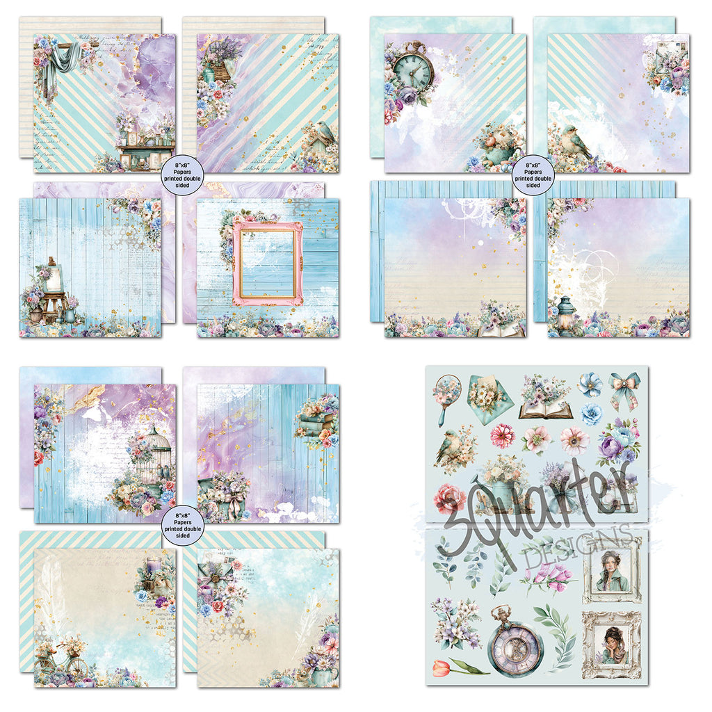 3Quarter Designs Cottage Reverie 8x8 Paper Pack and Diecuts Set 3q-pp8-cottagereverie sheets