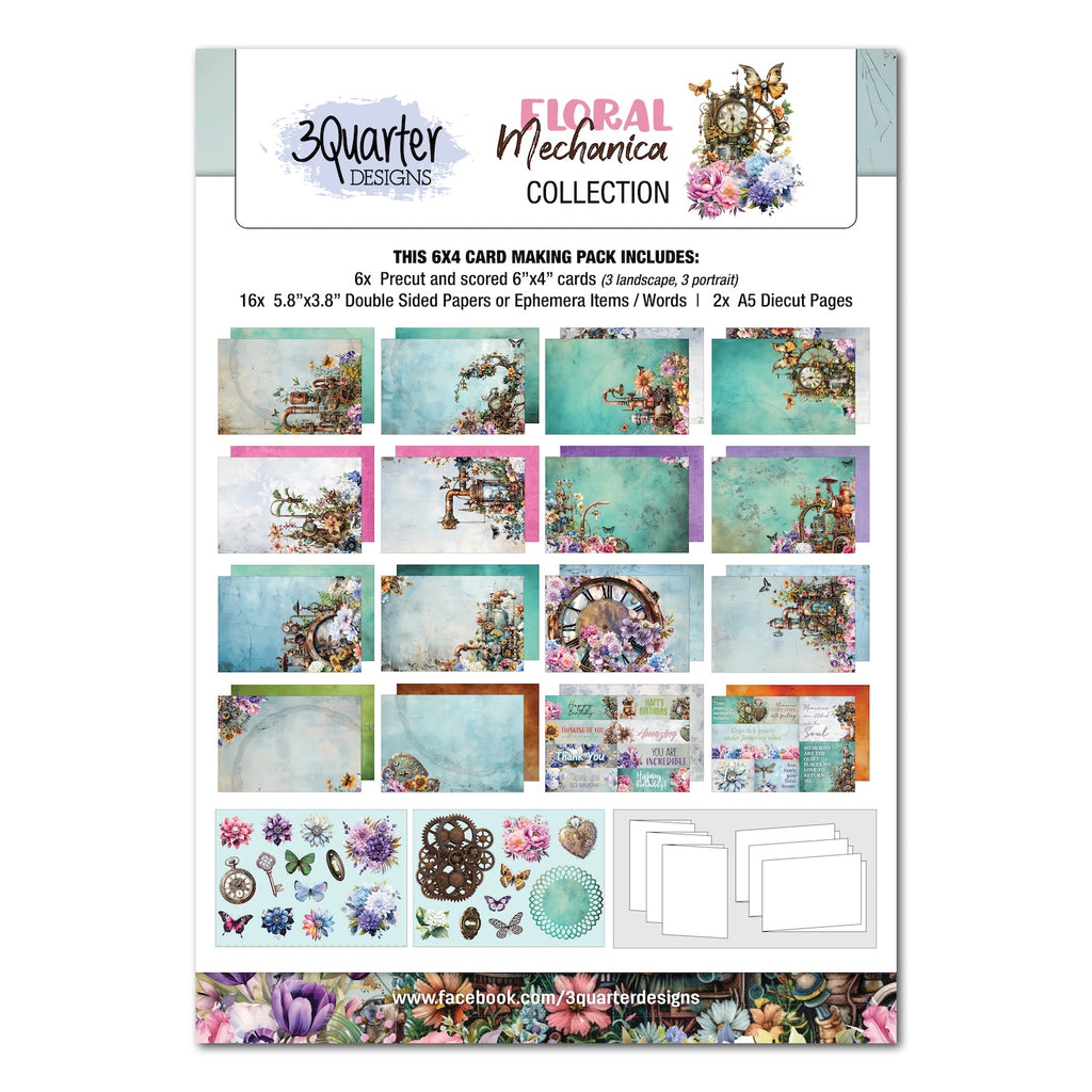 3Quarter Designs Floral Mechanica 6x4 Card Pack 3q-cc-floralmechanica
