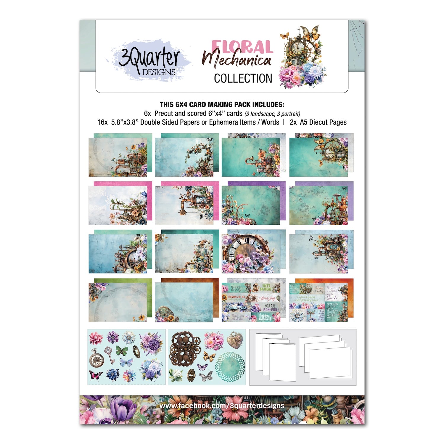 3Quarter Designs Floral Mechanica 6x4 Card Pack 3q-cc-floralmechanica