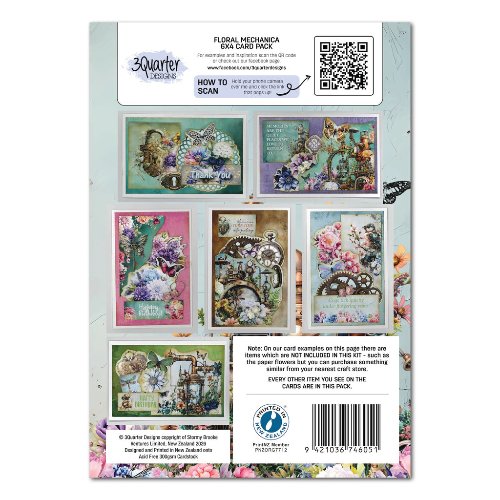 3Quarter Designs Floral Mechanica 6x4 Card Pack 3q-cc-floralmechanica back