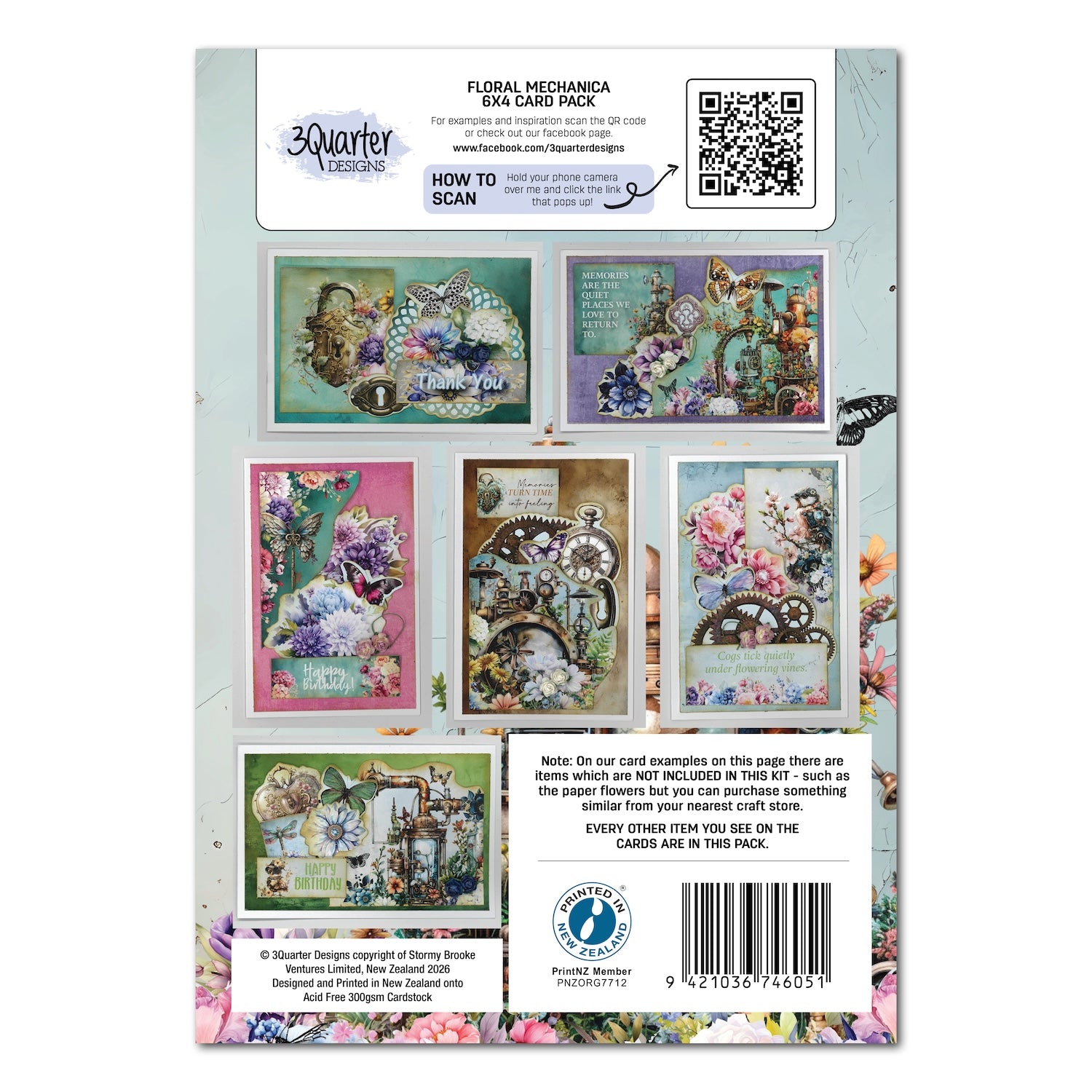 3Quarter Designs Floral Mechanica 6x4 Card Pack 3q-cc-floralmechanica back