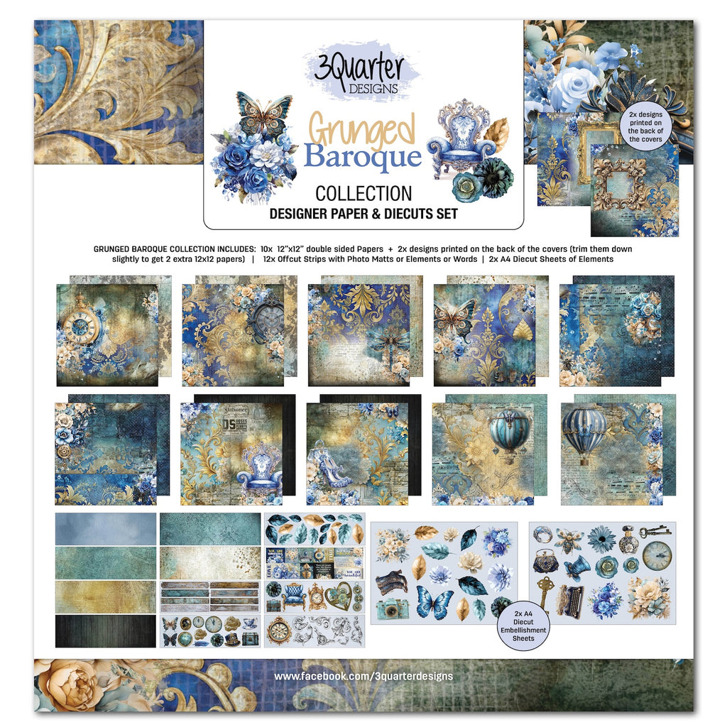 3Quarter Designs Grunged Baroque 12x12 Paper and Diecuts Set 3q-sc-grungedbaroque