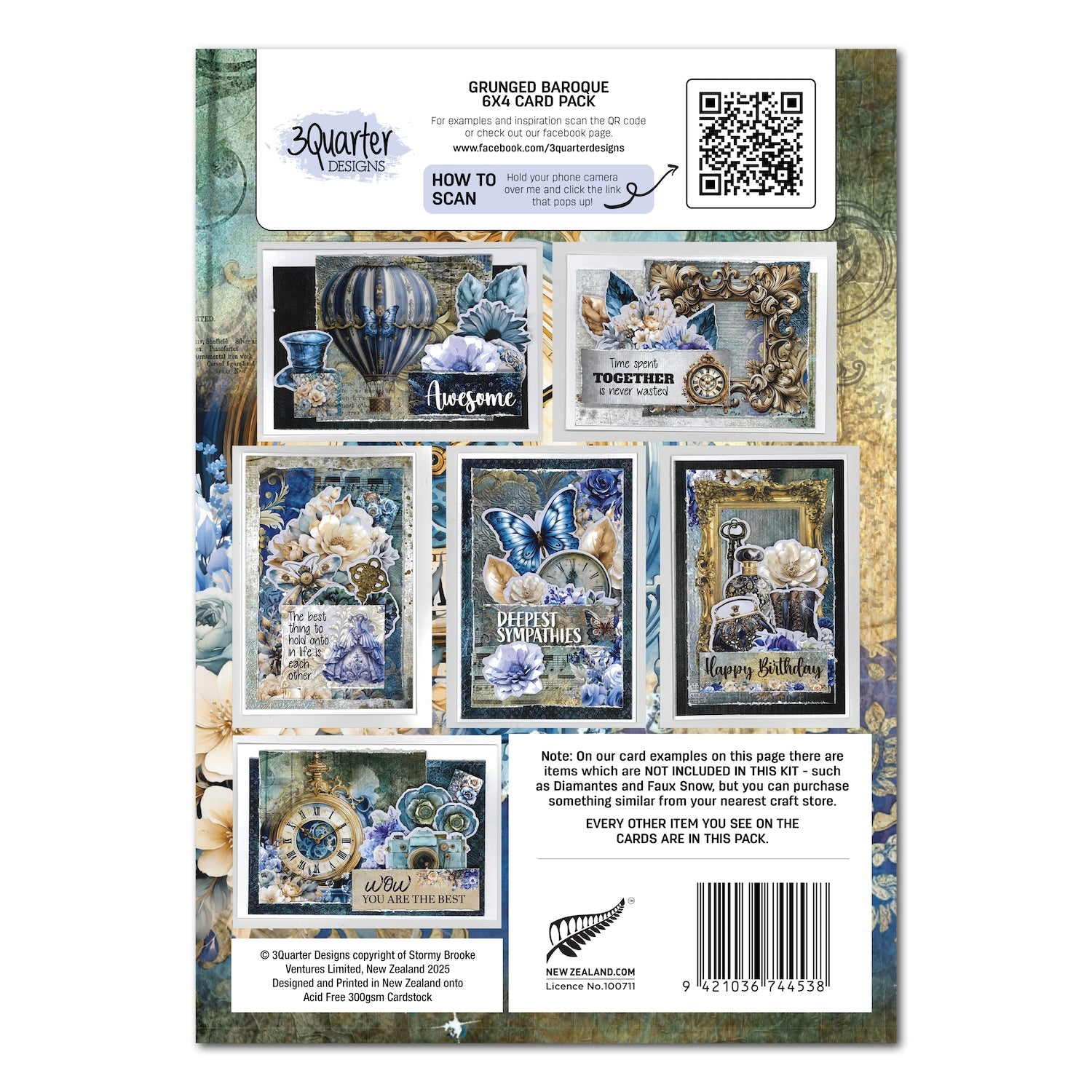 3Quarter Designs Grunged Baroque 6x4 Card Pack 3q-cc-grungedbaroque back cover
