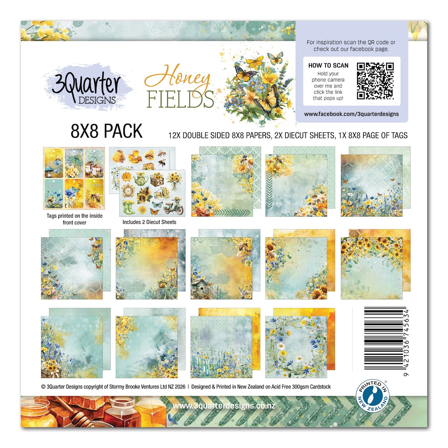 3Quarter Designs Honey Fields 8x8 Paper Pack and Diecuts Set 3q-pp8-honeyfields