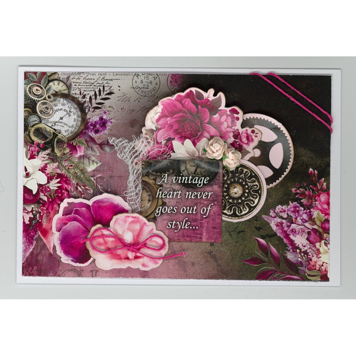 3Quarter Designs Mrs Aeronaut 6x4 Card Pack 3q-cc-mrsaeronaut pink yarn bow white flowers gears card
