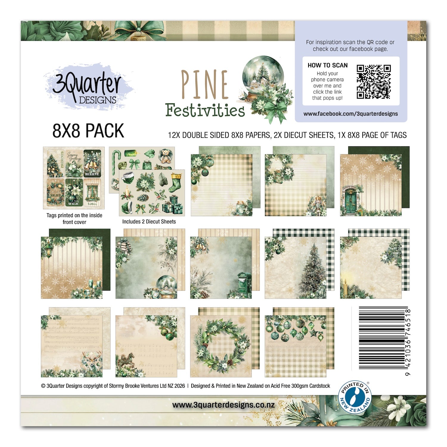 3Quarter Designs Pine Festivities 8x8 Paper Pack and Diecuts 3q-pp8-pinefestivities