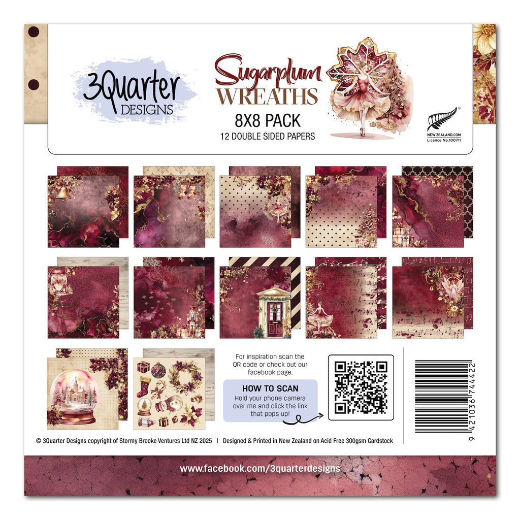 3Quarter Designs Sugarplum Wreath 8x8 Paper Pack 3q-pp8-sugarplumwreath
