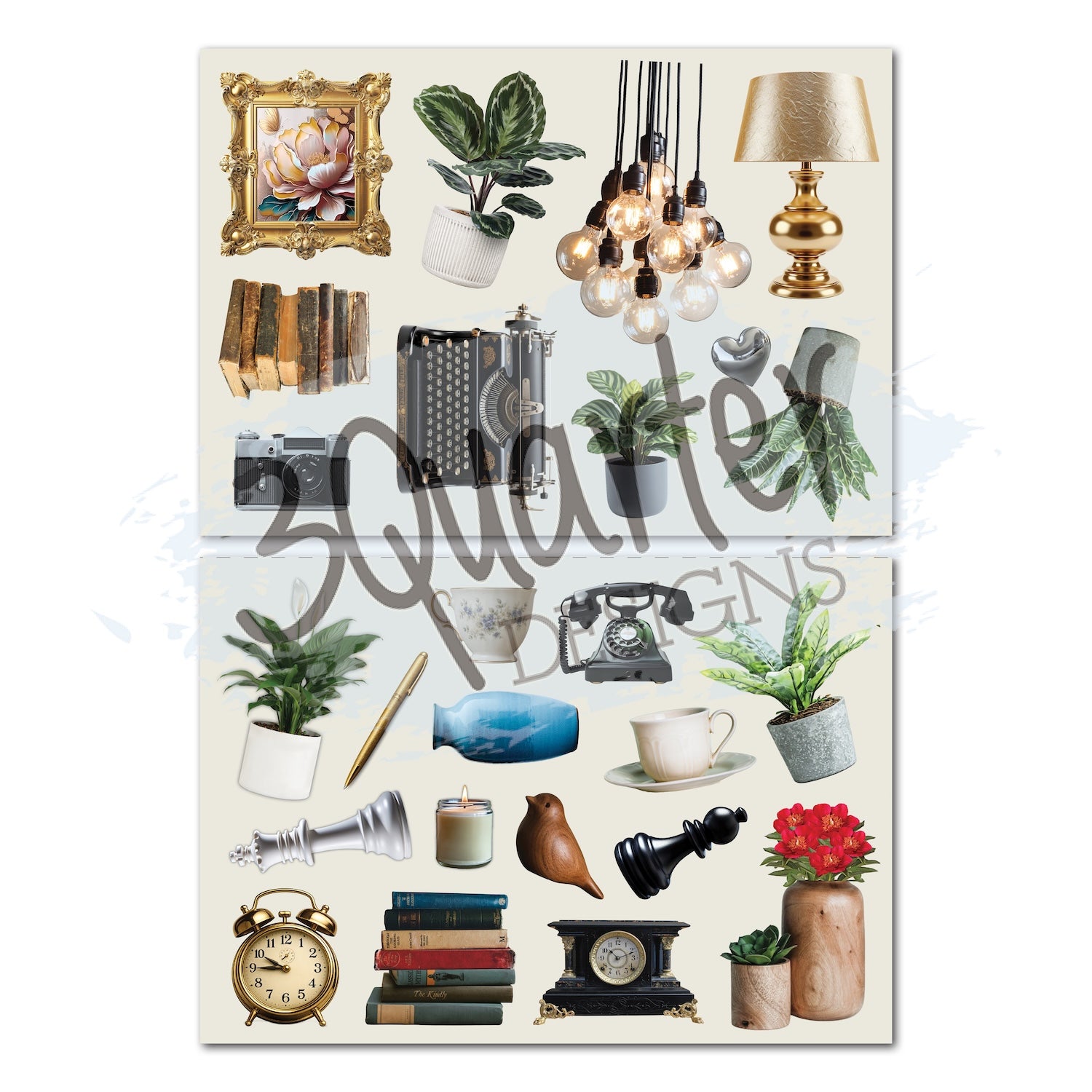 3Quarter Designs Timeless Gallery 8x8 Paper Pack and Diecuts 3q-pp8-timelessgallery lamp telephone plants