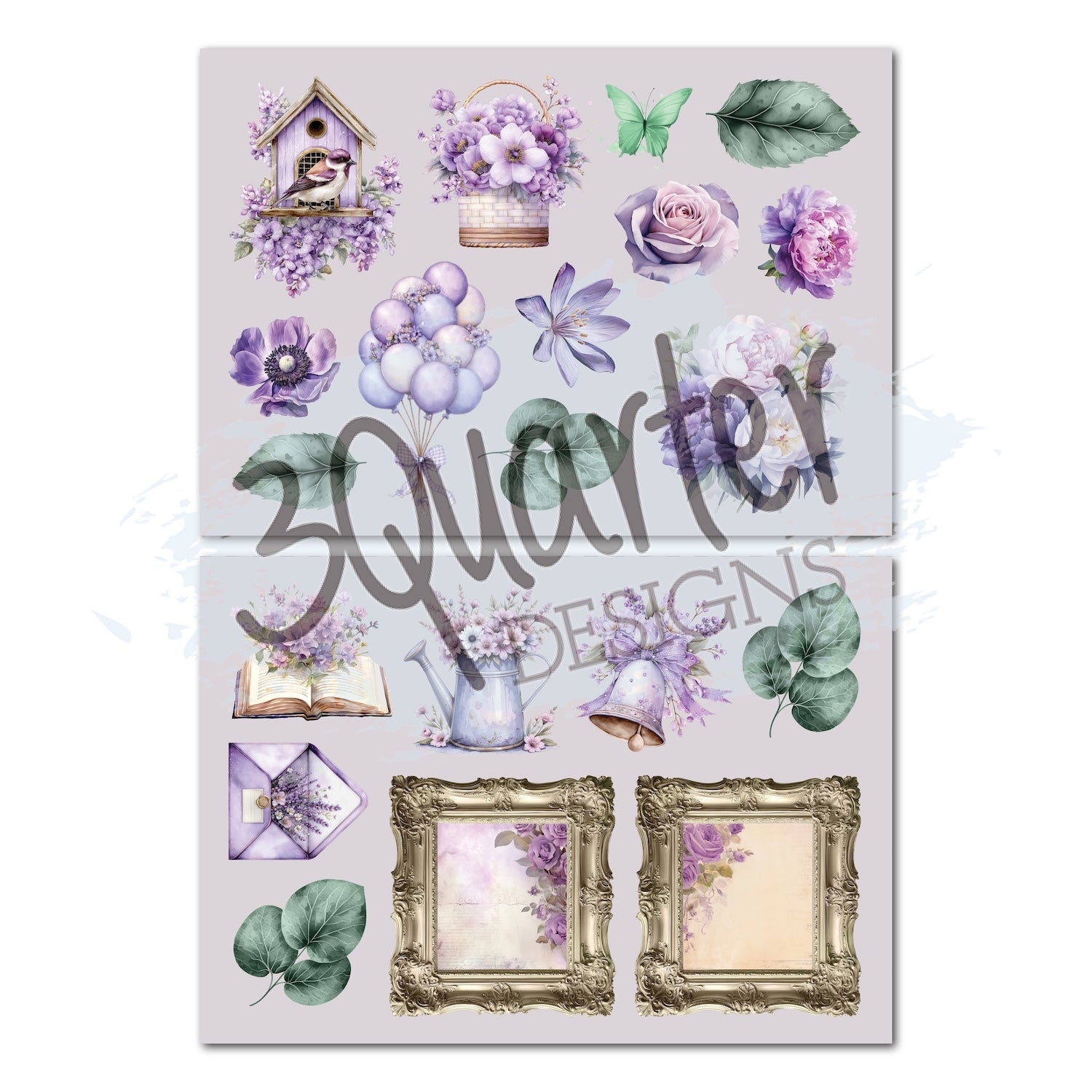 3Quarter Designs Violet Dreams 8x8 Paper Pack and Diecuts 3q-pp8-violetdreams purple flwoers balloons
