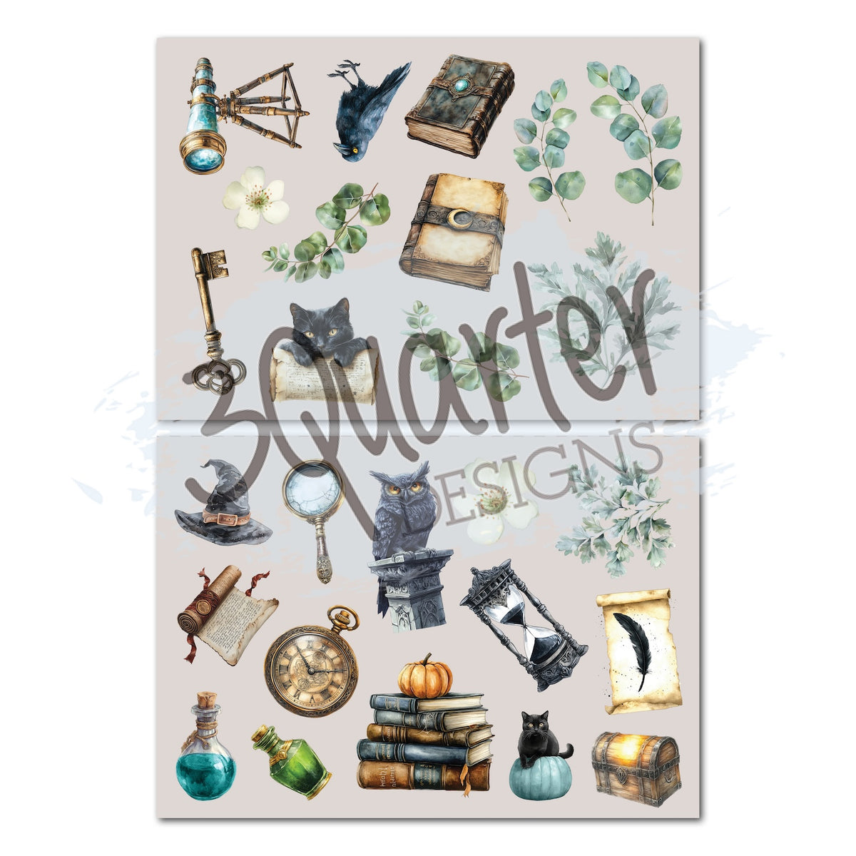 3Quarter Designs Wand Academy 8x8 Paper Pack and Diecuts Set 3q-pp8-wandacademy inside contents ephemera