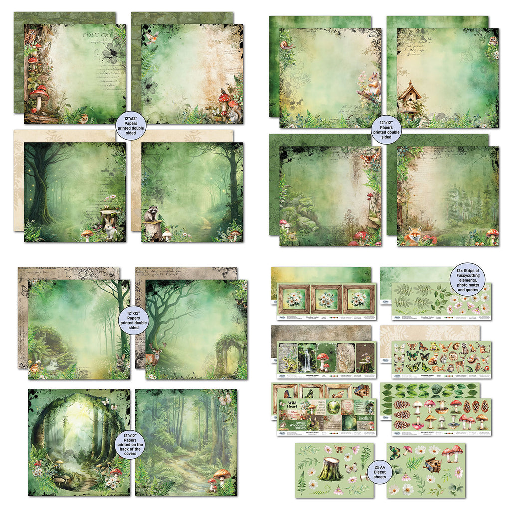 3Quarter Designs Woodland Hollow 12x12 Paper and Diecuts Set 3q-sc-woodlandhollow contents inside
