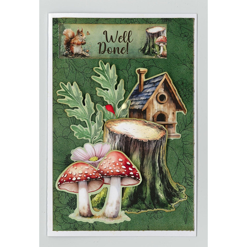 3Quarter Designs Woodland Hollow 12x12 Paper and Diecuts Set 3q-sc-woodlandhollow tree stump bird house mushrooms well done card