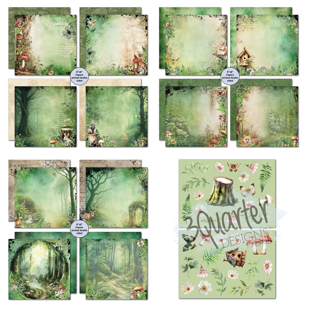 3Quarter Designs Woodland Hollow 8x8 Paper Pack and Diecuts Set 3q-pp8-woodlandhollow sheets