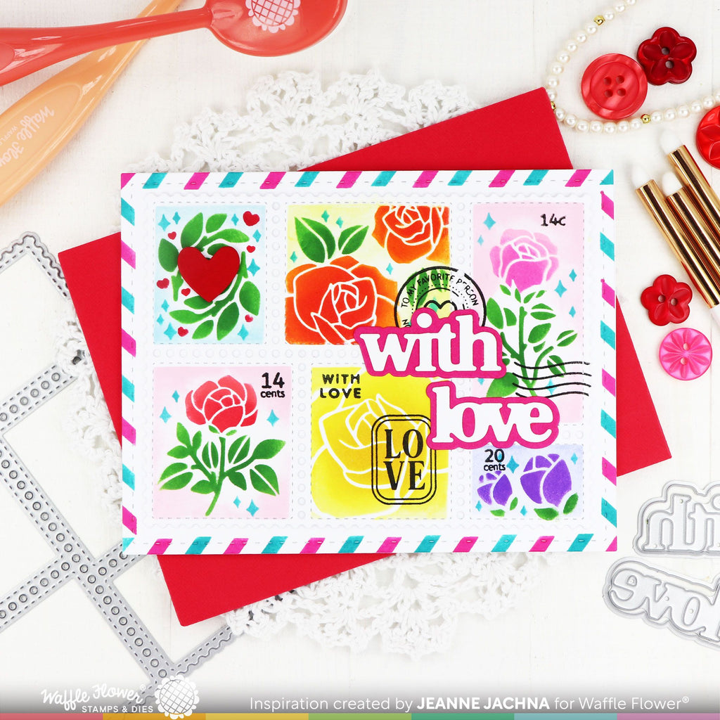 Waffle Flower Postage Collage Rose Stencils 421598 with love