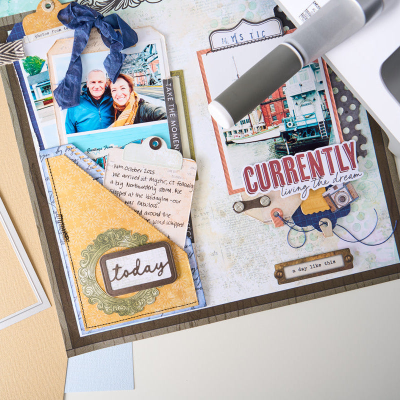Sizzix and 49 and Market Snap and Swap Mini Tags Thinlits Dies 667206 blue string ribbon currently living the dream tag cards