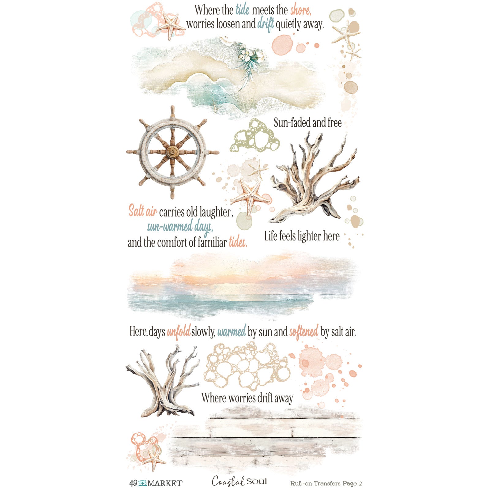 49 and Market Coastal Soul 6 x12 inch Blendable Rub-on Transfers jcs-36947 page 1 contents